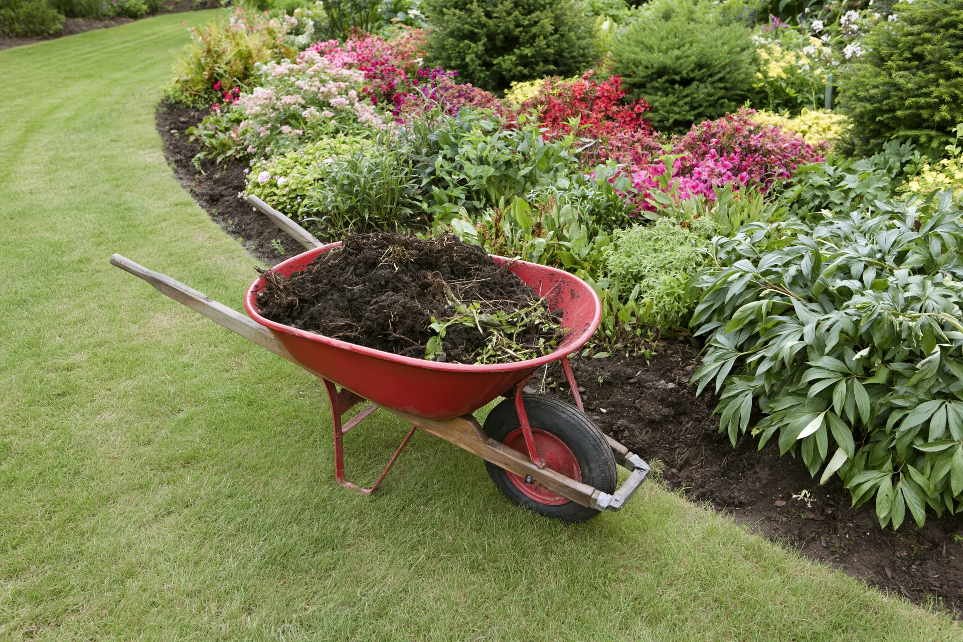 Red wheelbarrow filled with soil and garden debris parked on a lawn beside a flowerbed