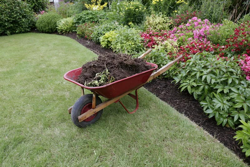 Red wheelbarrow filled with soil and plant debris parked on a grassy lawn beside a flower garden border