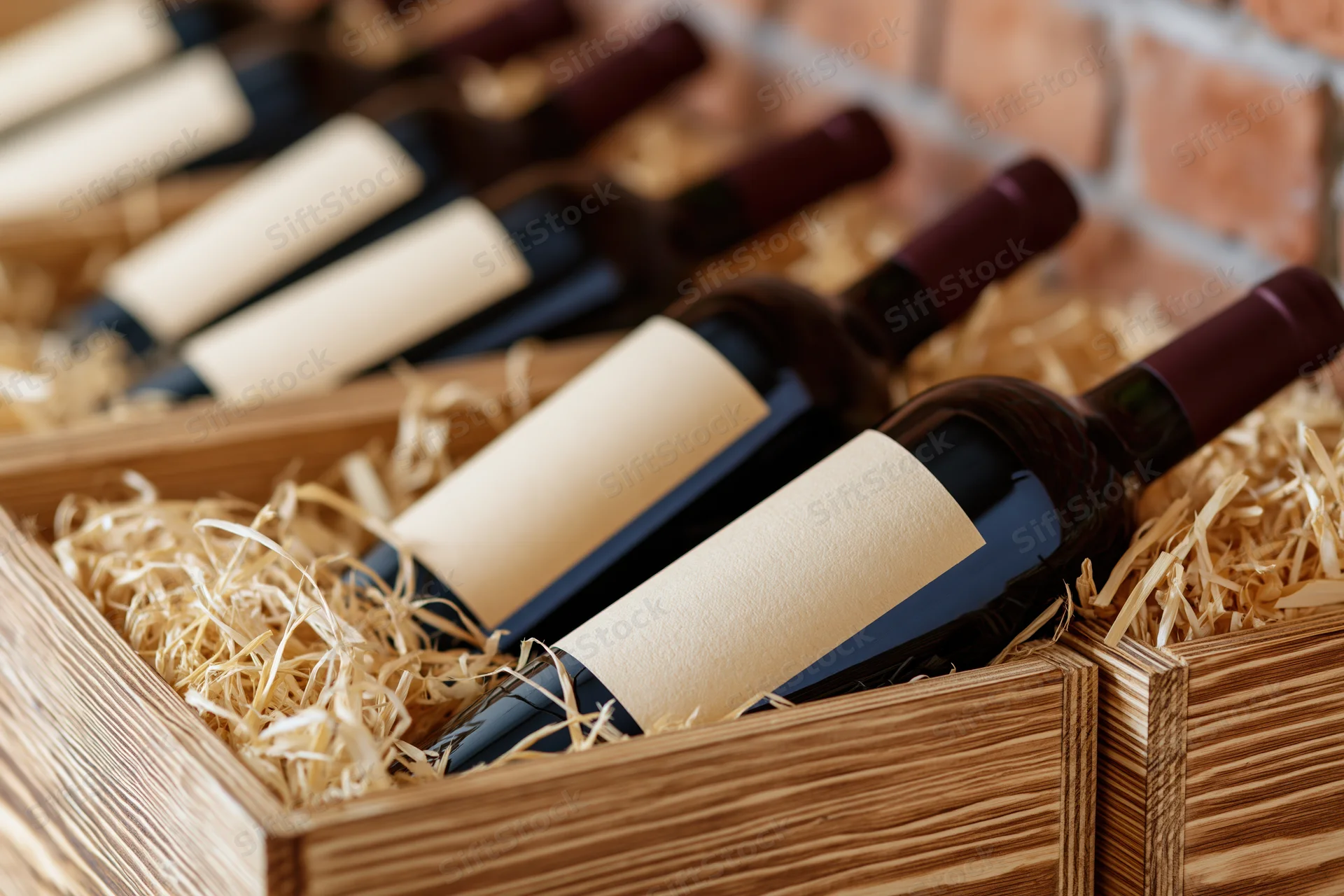 Red wine bottles lying on their sides in wooden crates filled with straw