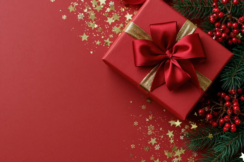 Red gift box with satin bow and pine branches on red surface