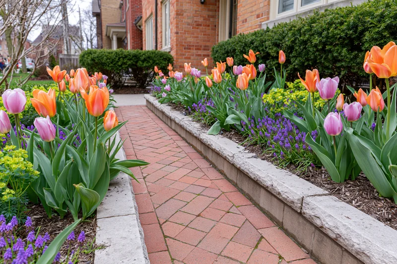 Spring tulips blooming in raised stone garden beds along a brick pathway in front of a residential home