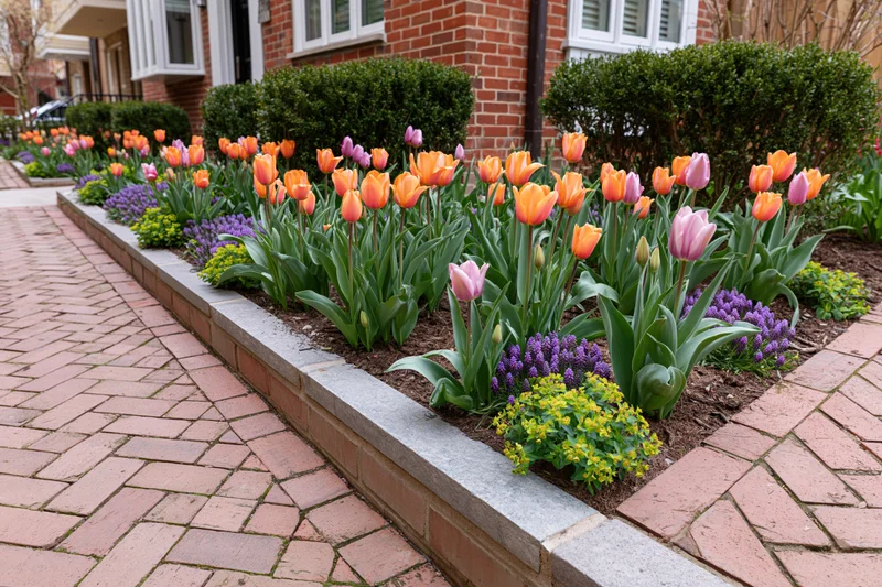 Spring tulips blooming in a raised stone garden bed along a brick pathway in front of a residential house