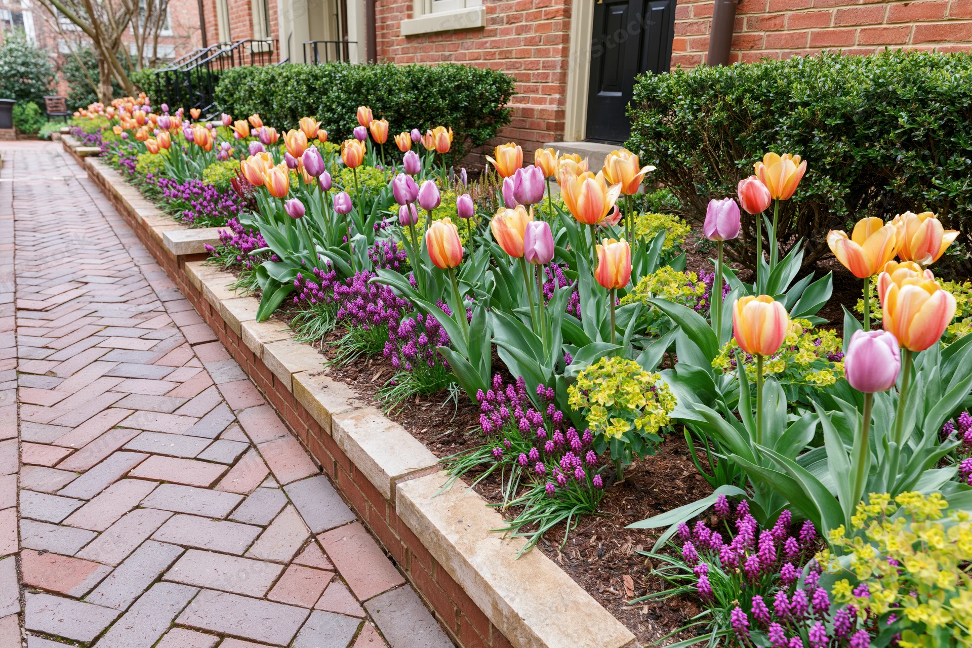 Colorful tulips and hyacinths blooming in a raised flowerbed along a brick pathway in front of a residential home