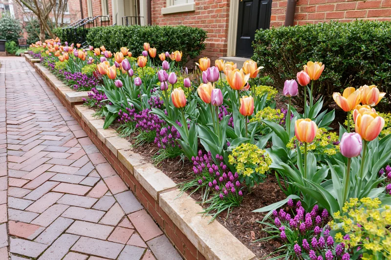 Colorful tulips and hyacinths blooming in a raised flowerbed along a brick pathway in front of a residential home