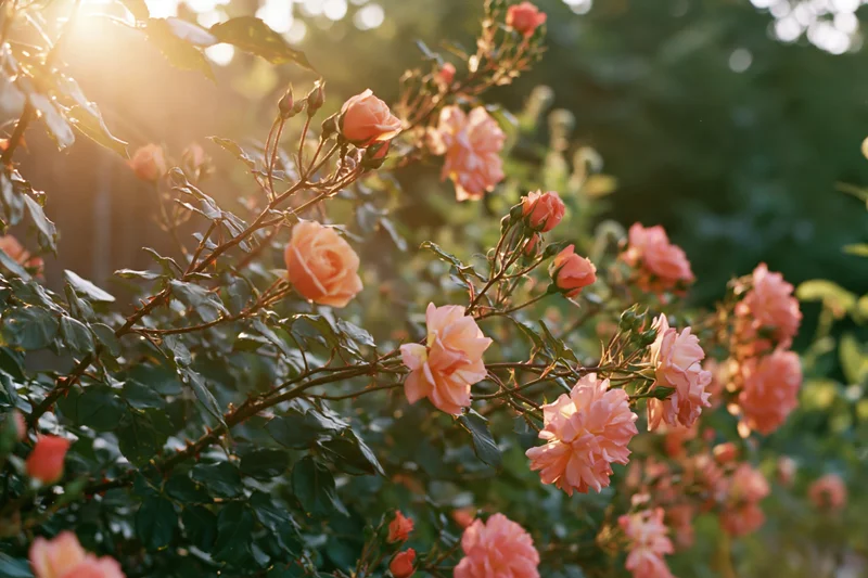 Peach and coral roses in full bloom on a bush in a garden at golden hour