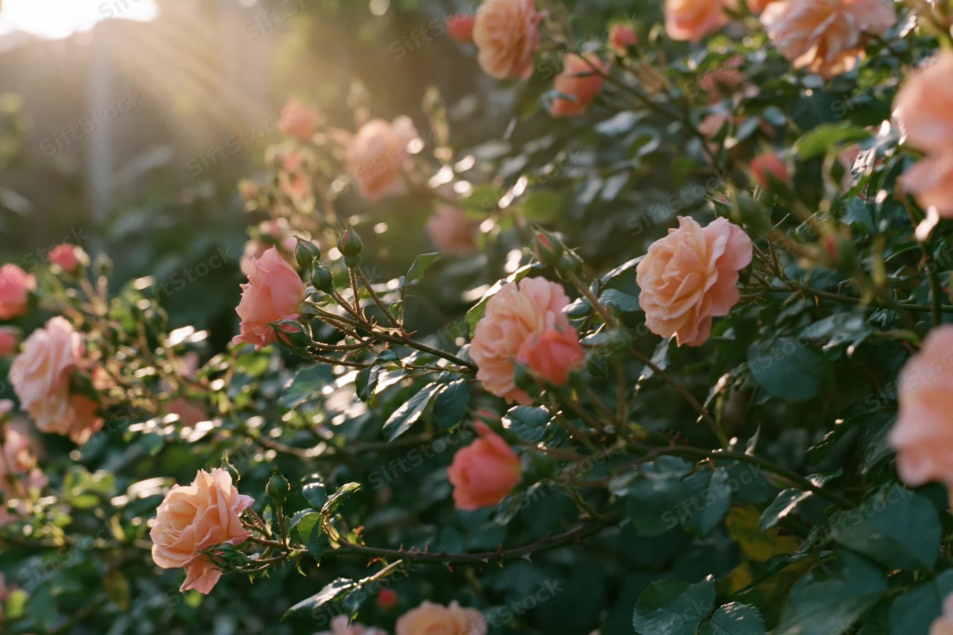 Peach and coral roses in full bloom on a bush in a garden at sunrise