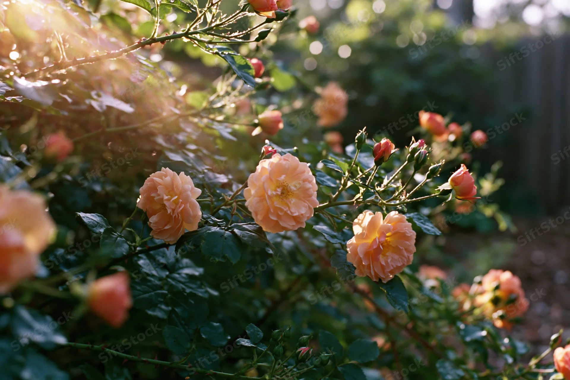 Peach and coral roses in full bloom on a bush in a garden with sunlight filtering through leaves