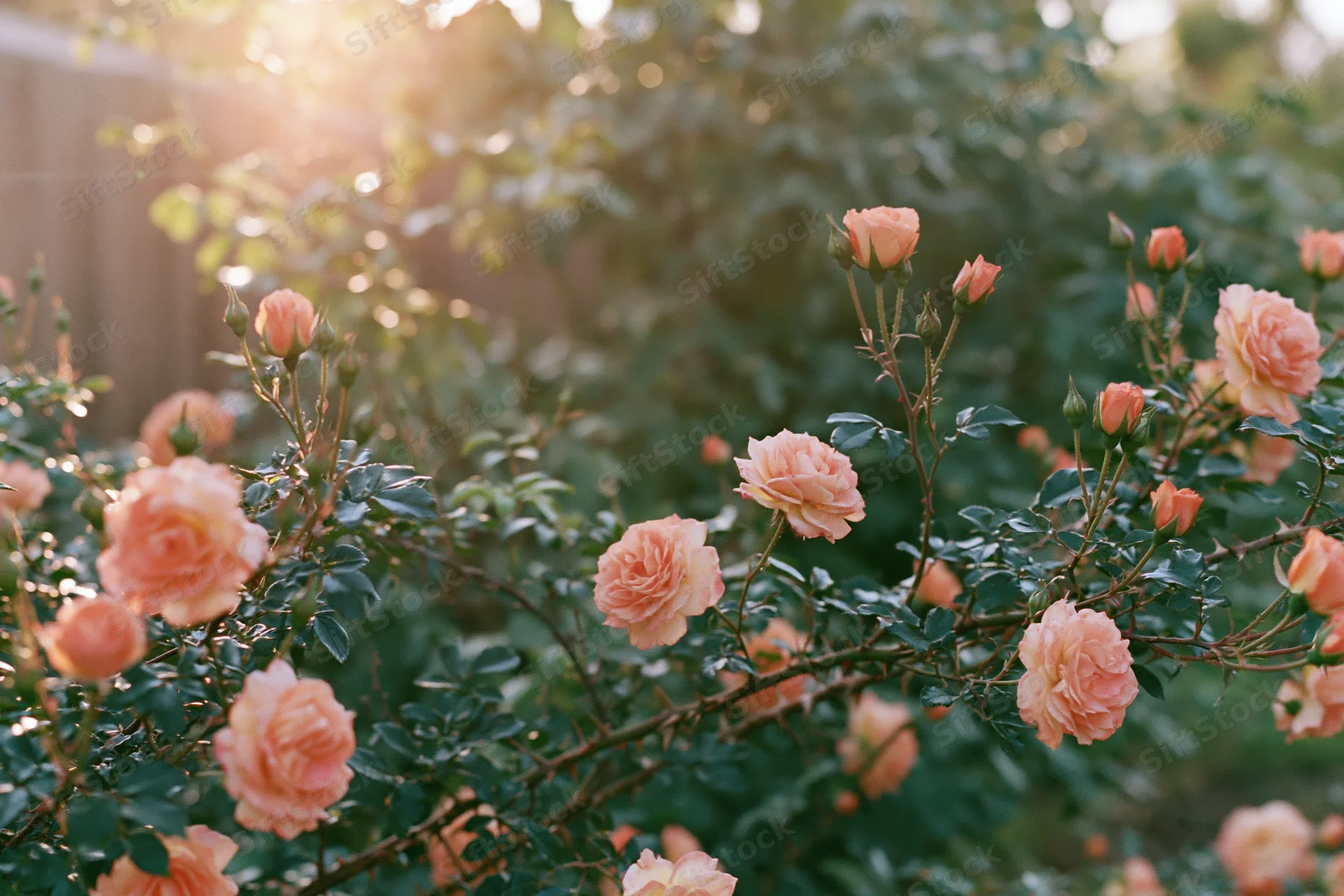 Peach and coral roses in full bloom on a bush in a garden at golden hour