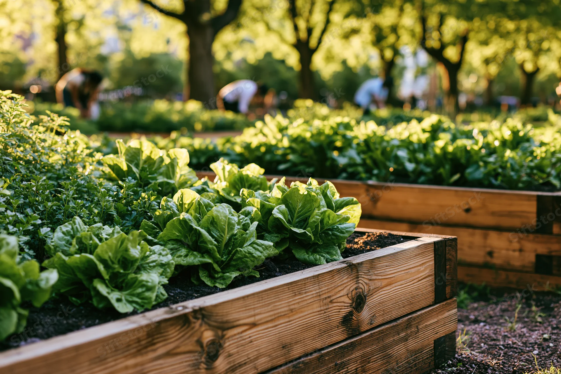 Rows of wooden raised garden beds filled with leafy green vegetables in a sunny outdoor garden