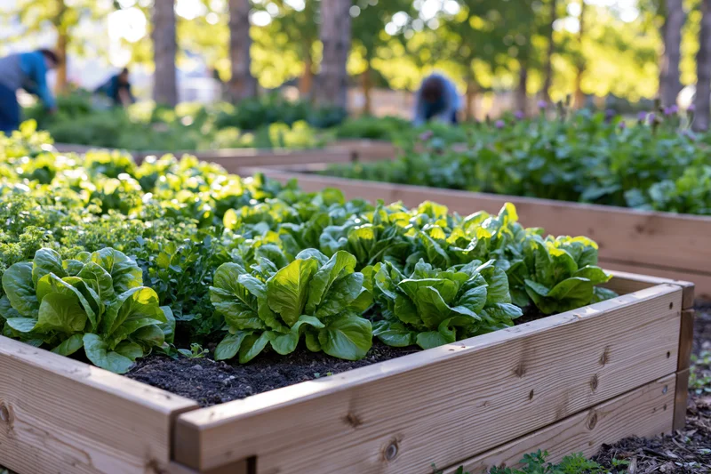 Rows of wooden raised garden beds filled with leafy green vegetables in a sunny outdoor garden