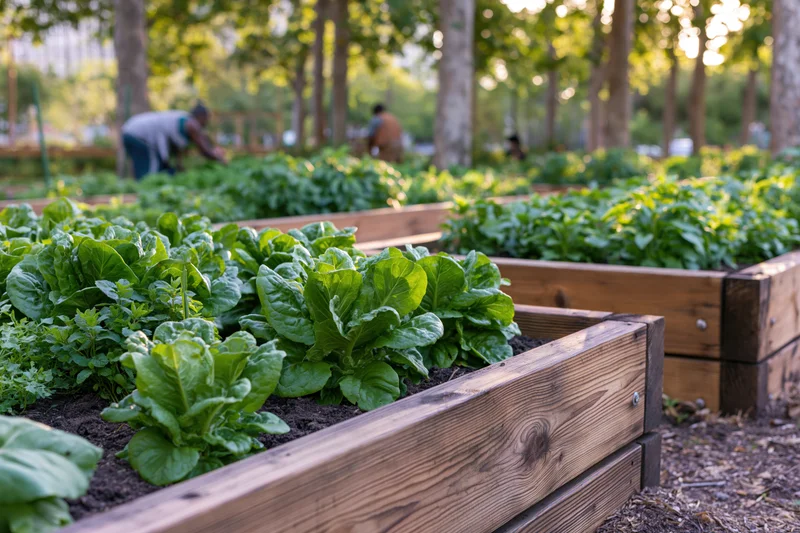 Rows of wooden raised garden beds filled with leafy green vegetables in an outdoor community garden
