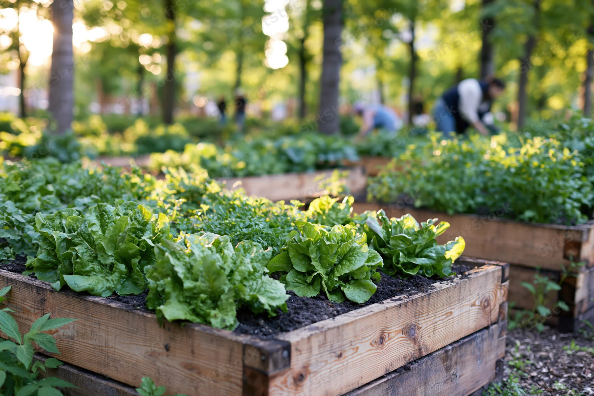 Rows of wooden raised garden beds filled with leafy green vegetables in a sunny outdoor garden
