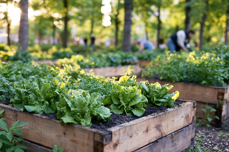 Rows of wooden raised garden beds filled with leafy green vegetables in a sunny outdoor garden