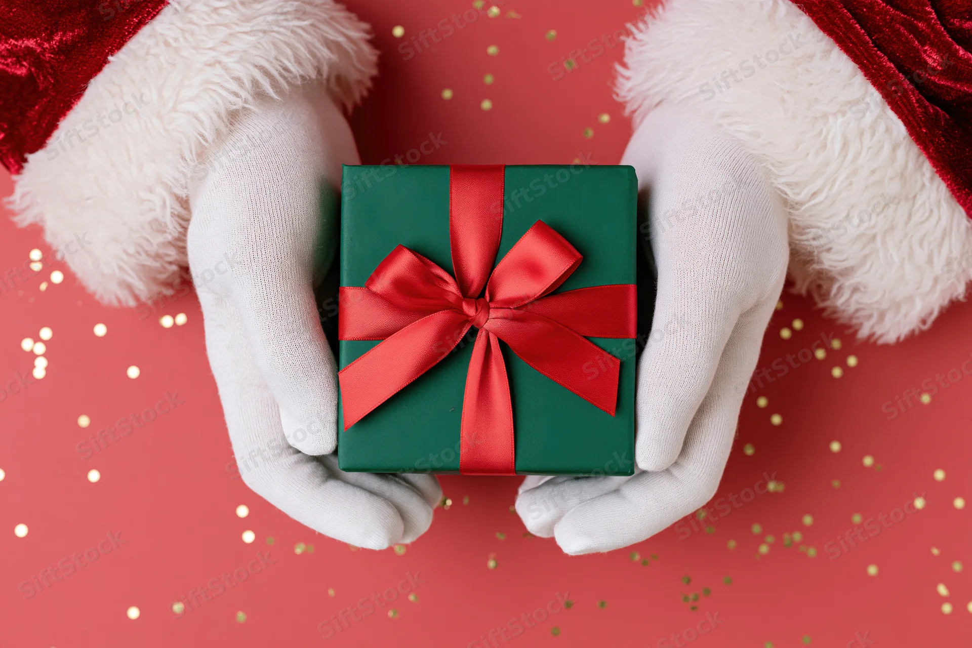 Santa's gloved hands holding a green gift box with red ribbon on red background with gold confetti