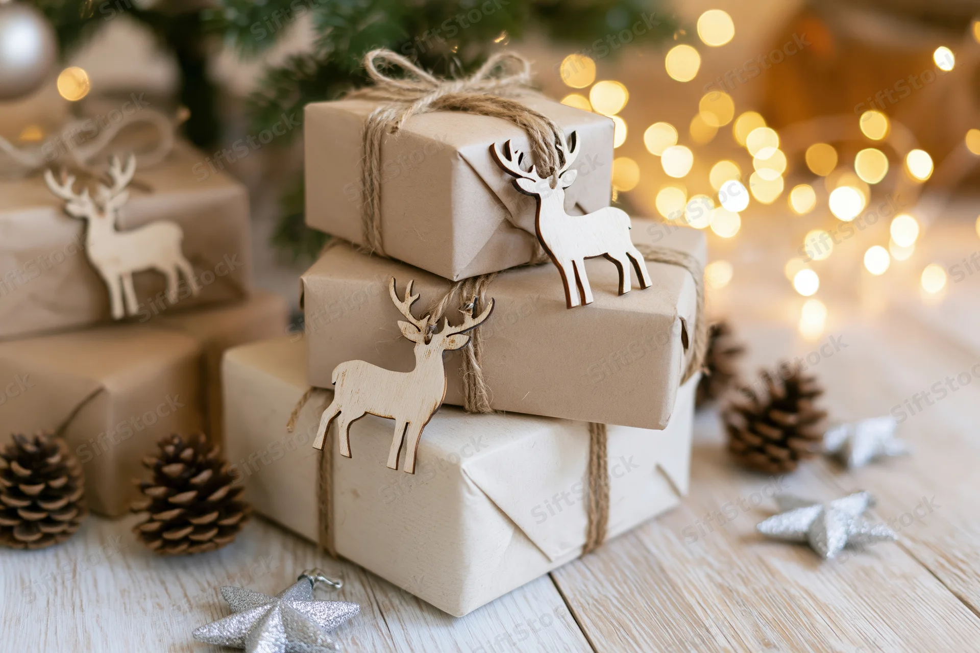 Stacked kraft paper gift boxes tied with twine and decorated with wooden reindeer on a wooden table near a christmas tree with blurred lights