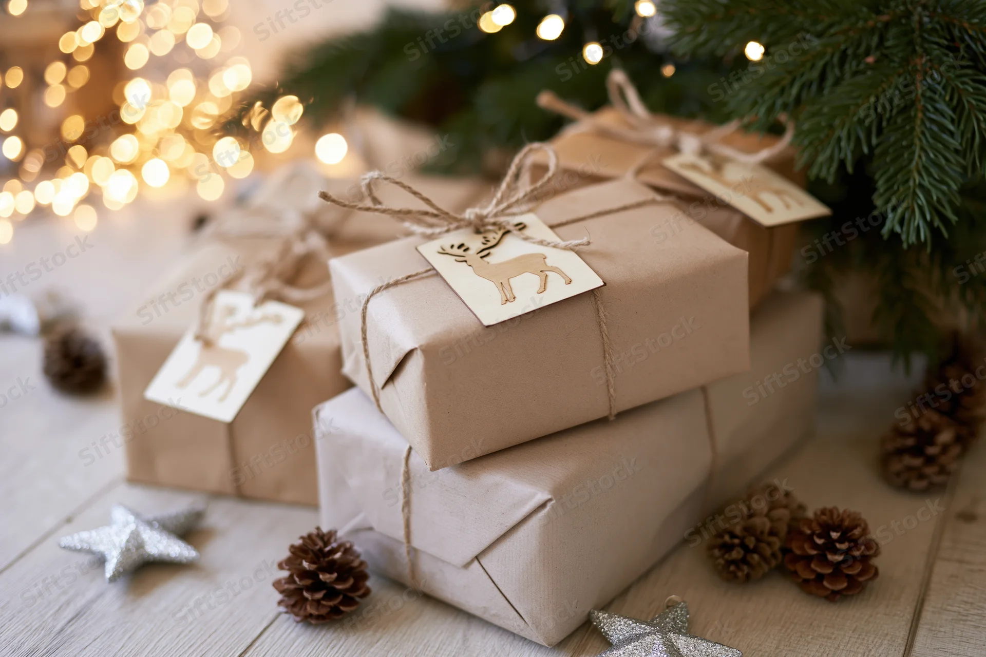 Kraft paper wrapped gift boxes tied with twine and reindeer tags under a christmas tree with pinecones and fairy lights on a wooden floor