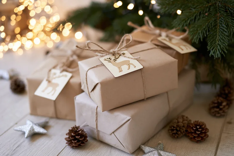 Kraft paper wrapped gift boxes tied with twine and reindeer tags under a christmas tree with pinecones and fairy lights on a wooden floor
