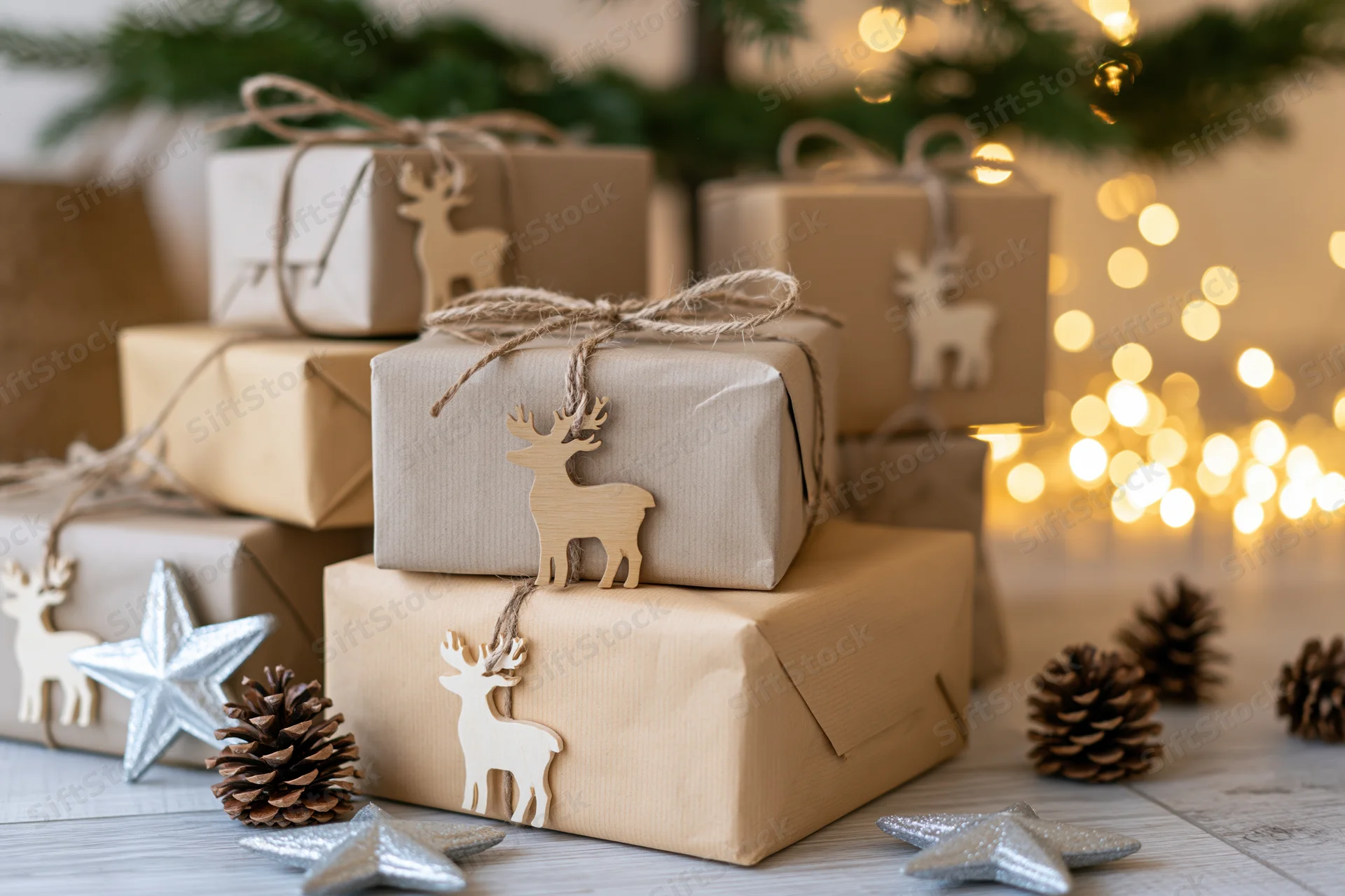 Stacked kraft paper gift boxes tied with twine and wooden reindeer ornaments on a wooden surface with pine branches and warm bokeh lights in the background