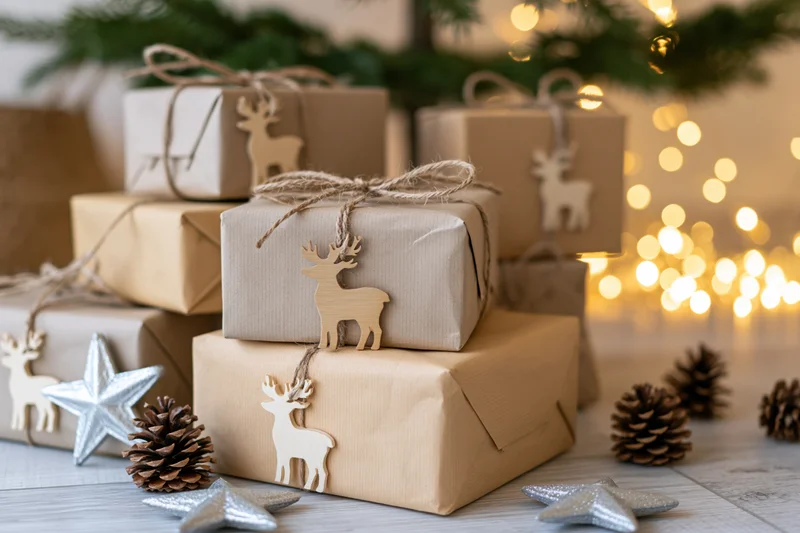 Stacked kraft paper gift boxes tied with twine and wooden reindeer ornaments on a wooden surface with pine branches and warm bokeh lights in the background