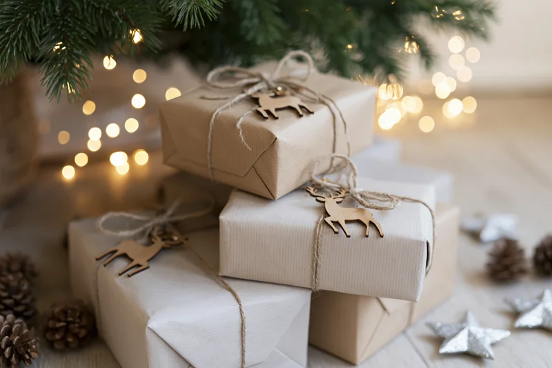 Stacked kraft paper gift boxes tied with twine and wooden reindeer ornaments under a lit christmas tree with pinecones and star decorations on a wooden floor
