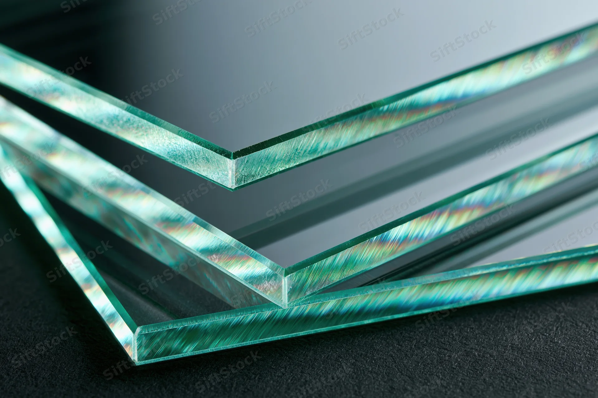 Stacked glass sheets at an angle showing iridescent edges on dark surface