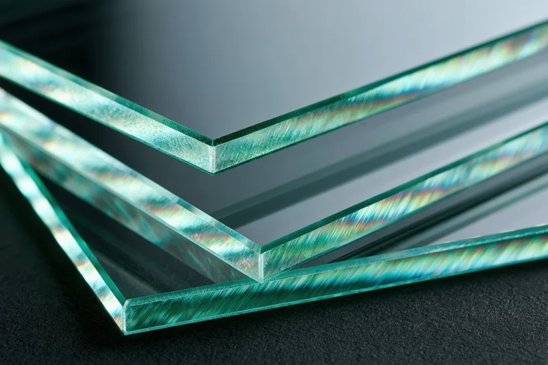 Stacked glass sheets at an angle showing iridescent edges on dark surface