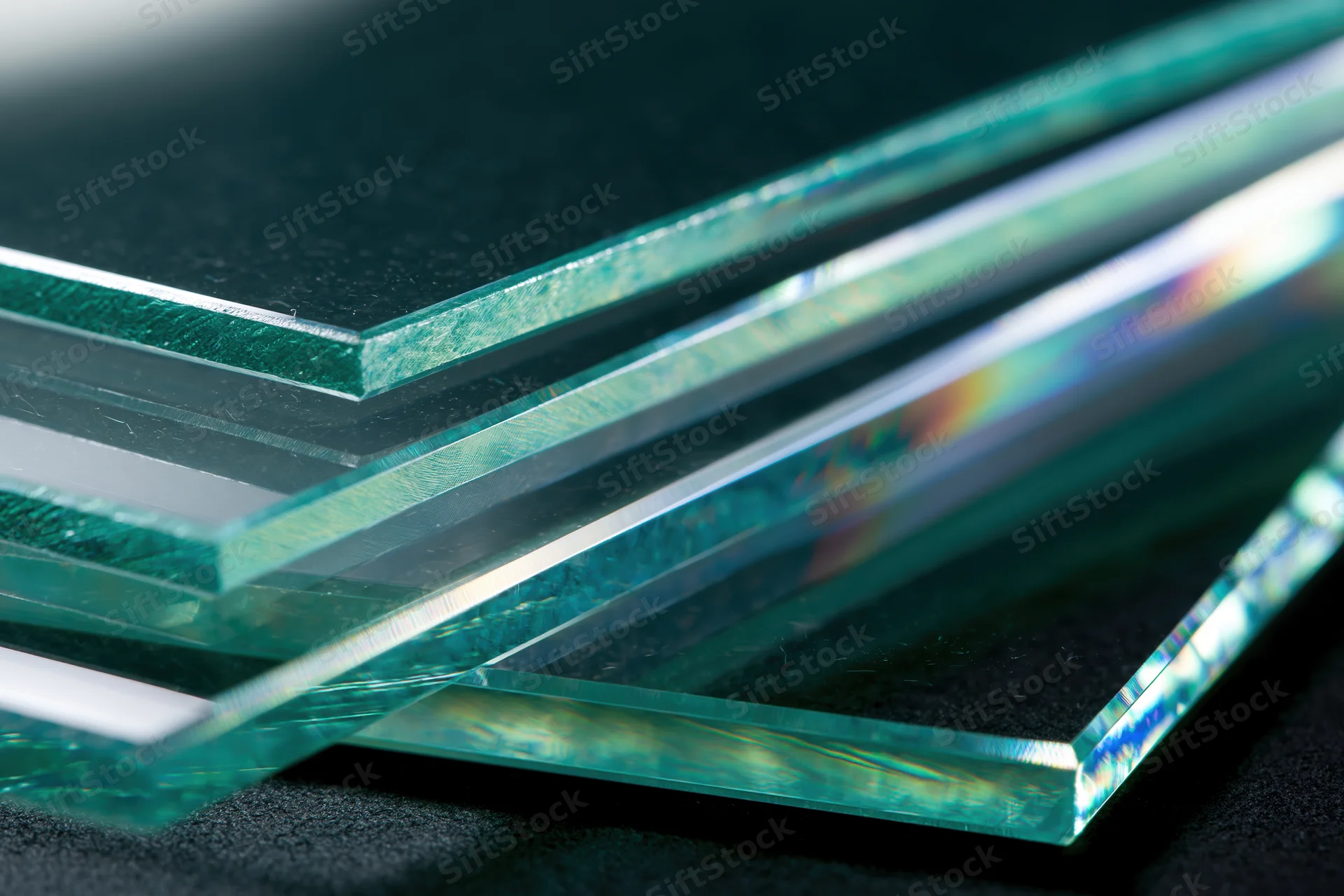 Stacked glass sheets at an angle showing reflective edges and iridescent highlights on dark surface