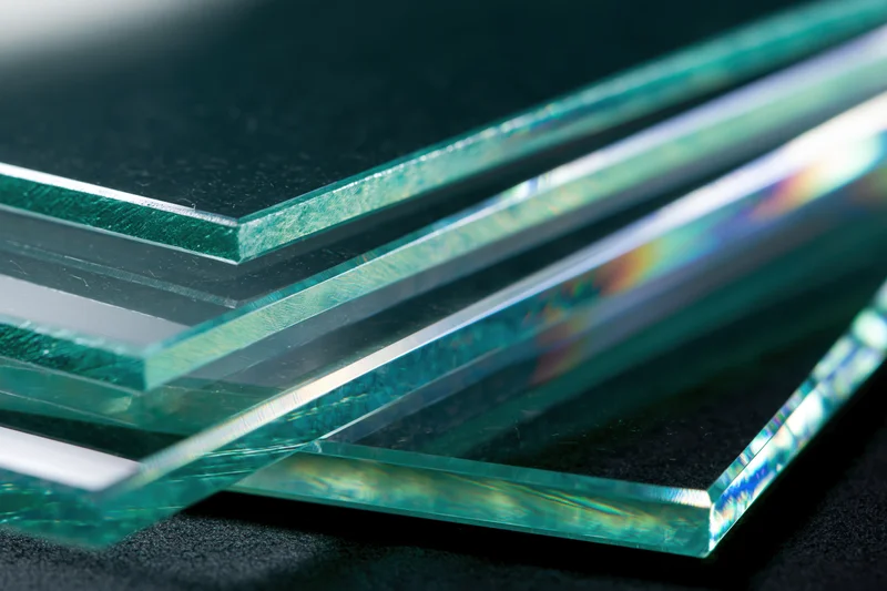 Stacked glass sheets at an angle showing reflective edges and iridescent highlights on dark surface