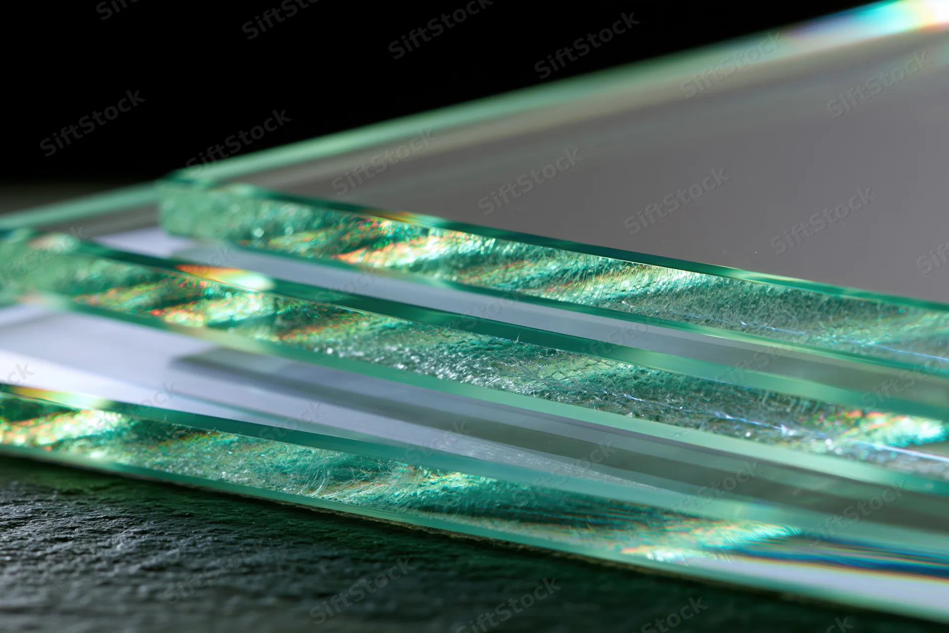 Stacked glass sheets at an angle showing reflective edges and iridescent light refraction on dark surface