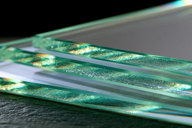 Stacked glass sheets at an angle showing reflective edges and iridescent light refraction on dark surface
