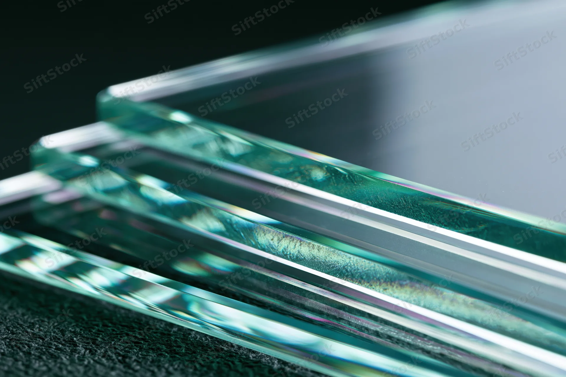 Stacked glass sheets at an angle showing reflective edges on dark surface