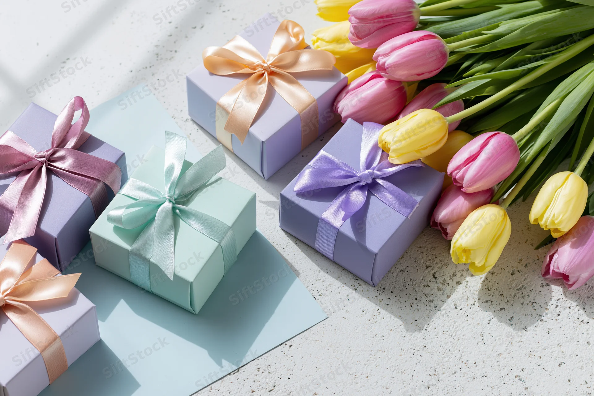 Pastel gift boxes with satin ribbon bows and tulips on a light surface