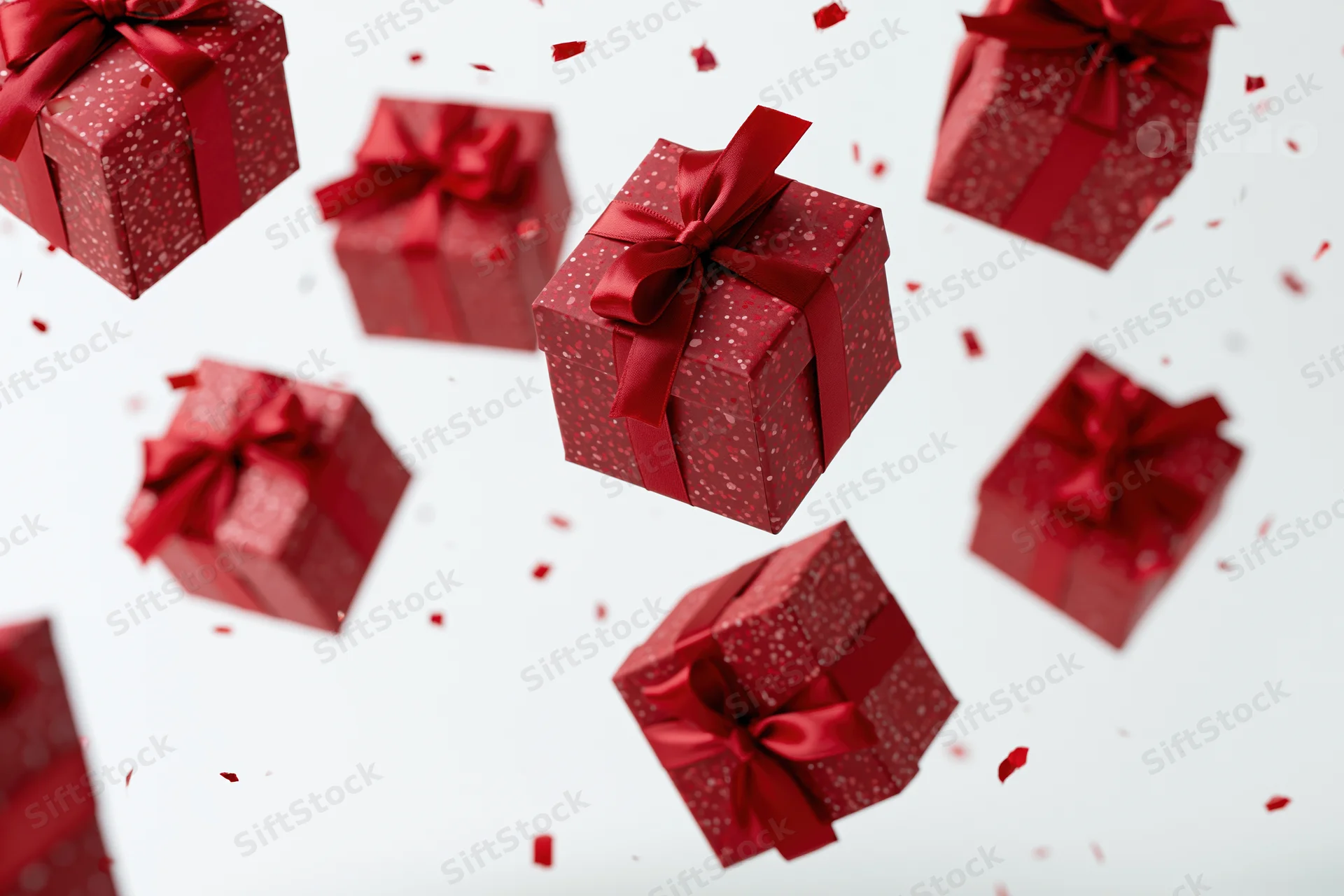 Red gift boxes with satin ribbon bows floating and tumbling against white background with scattered confetti