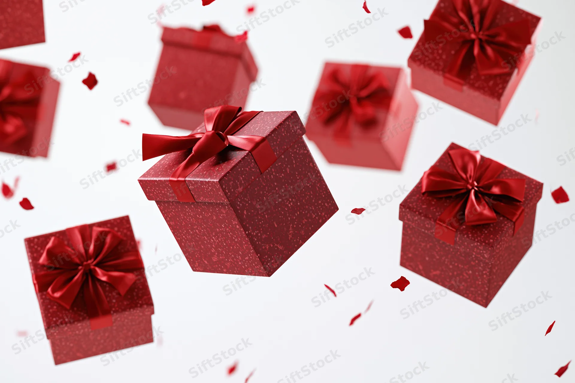 Red gift boxes with satin ribbon bows floating and tumbling against white background