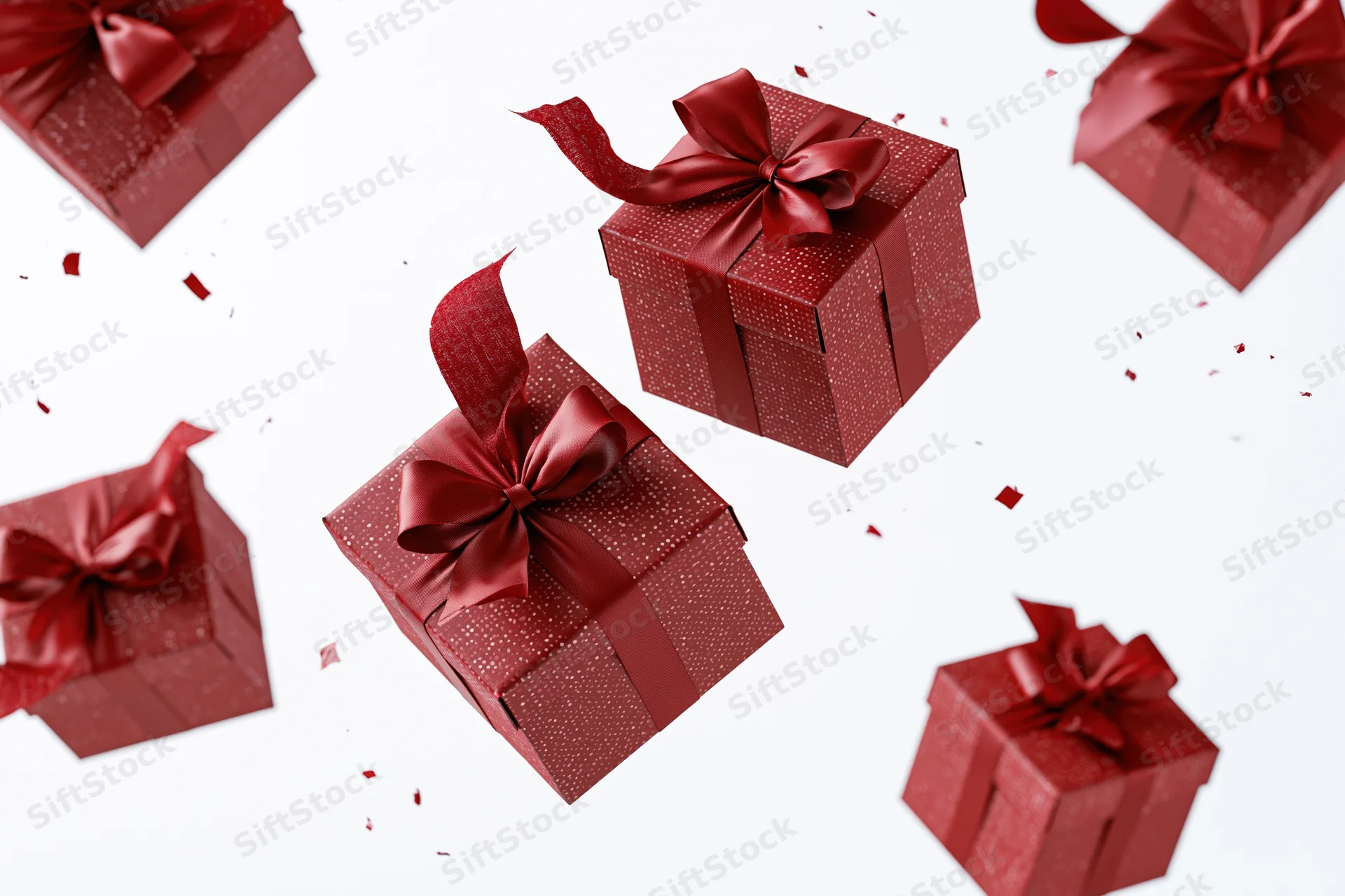 Red gift boxes with satin ribbon bows tumbling and floating on white background