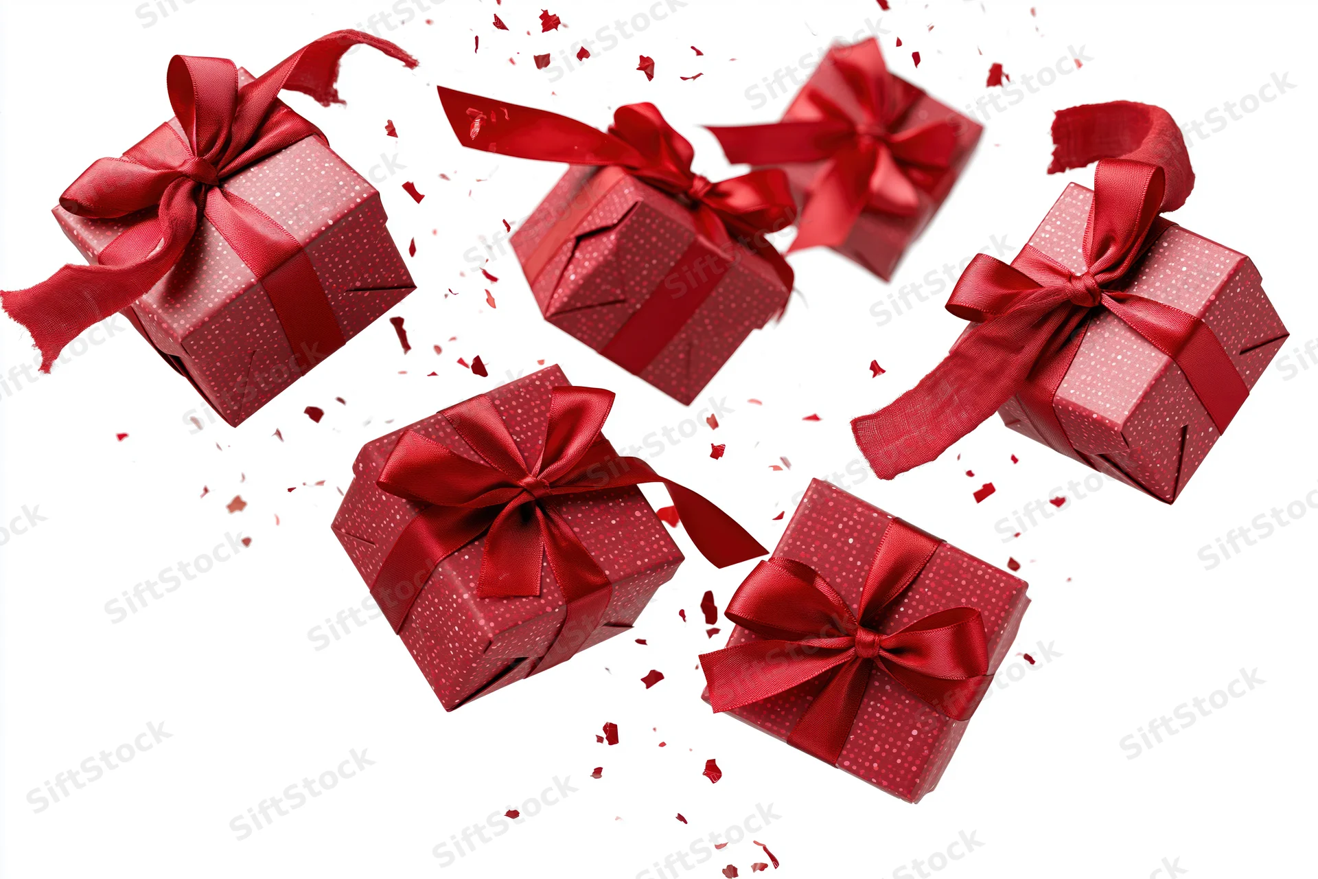 Red gift boxes with satin ribbon bows tumbling in mid-air against white background
