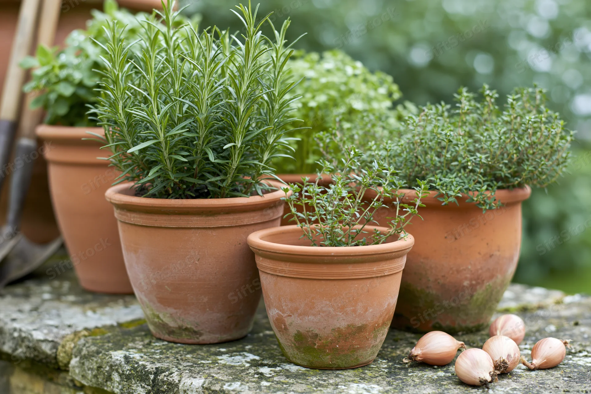 Terracotta pots with rosemary and thyme plants on a stone garden countertop