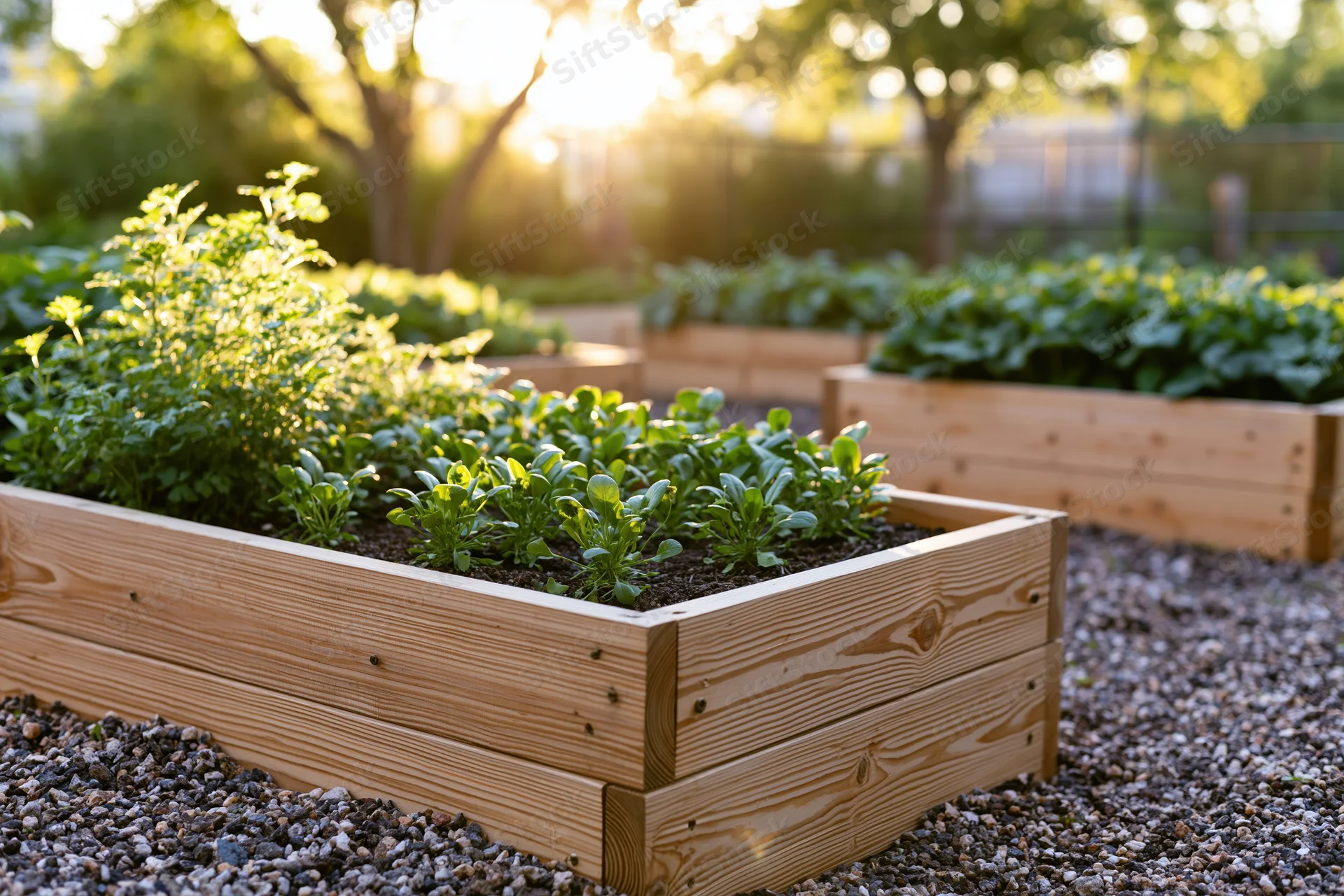 Wooden raised garden beds filled with young herbs and leafy plants in a sunny backyard garden
