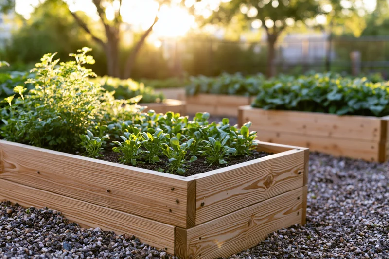 Wooden raised garden beds filled with young herbs and leafy plants in a sunny backyard garden