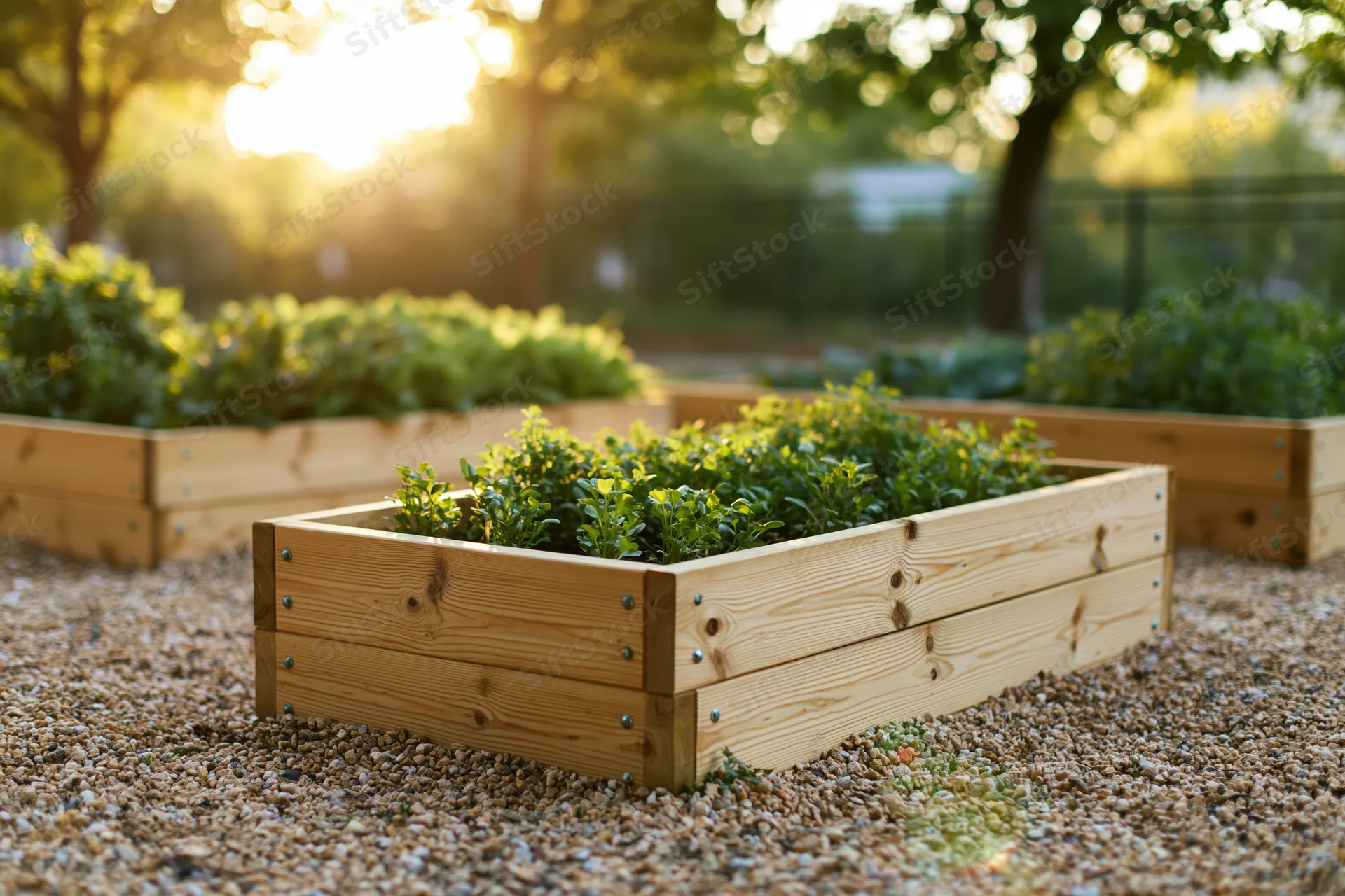 Wooden raised garden beds filled with young herbs in a sunny backyard garden