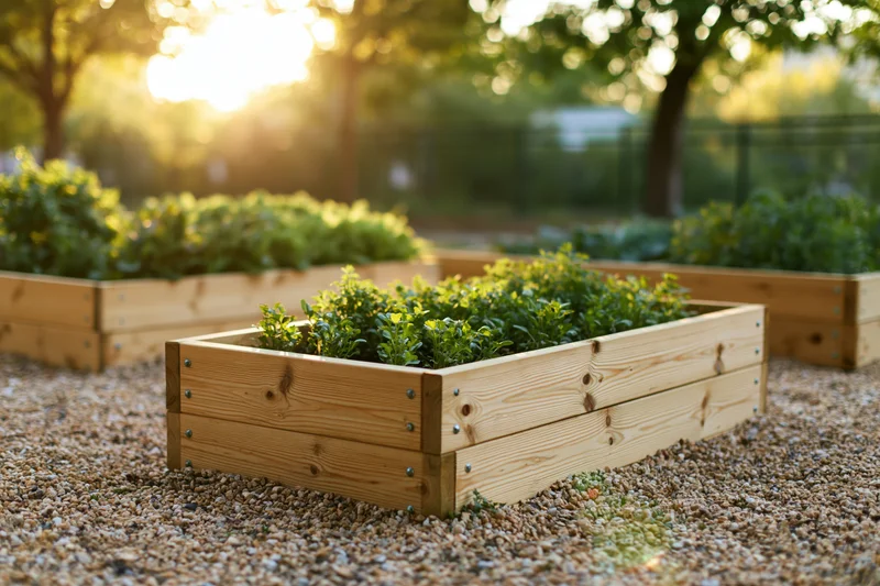Wooden raised garden beds filled with young herbs in a sunny backyard garden