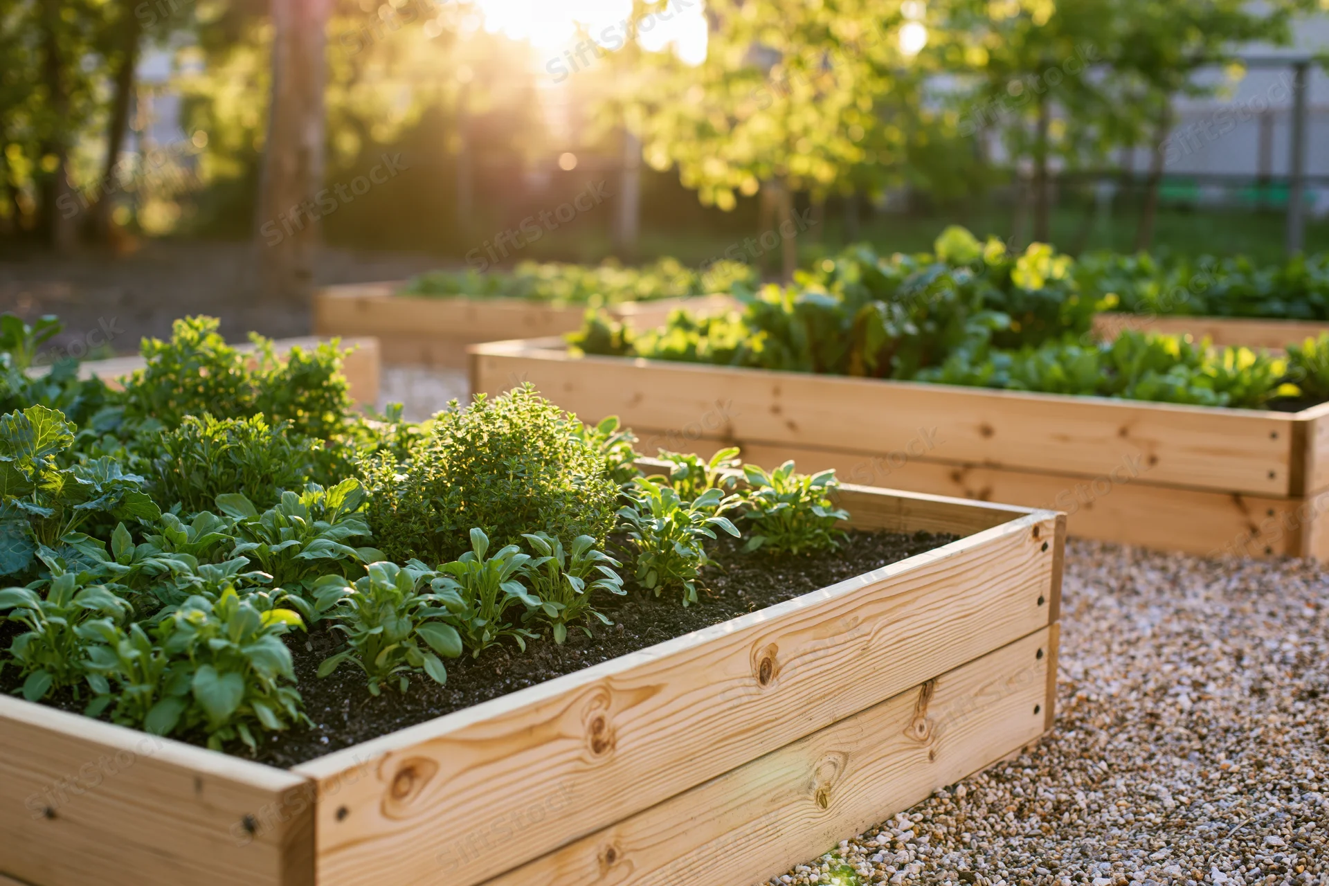 Wooden raised garden beds filled with young herbs and leafy plants in a sunny backyard garden