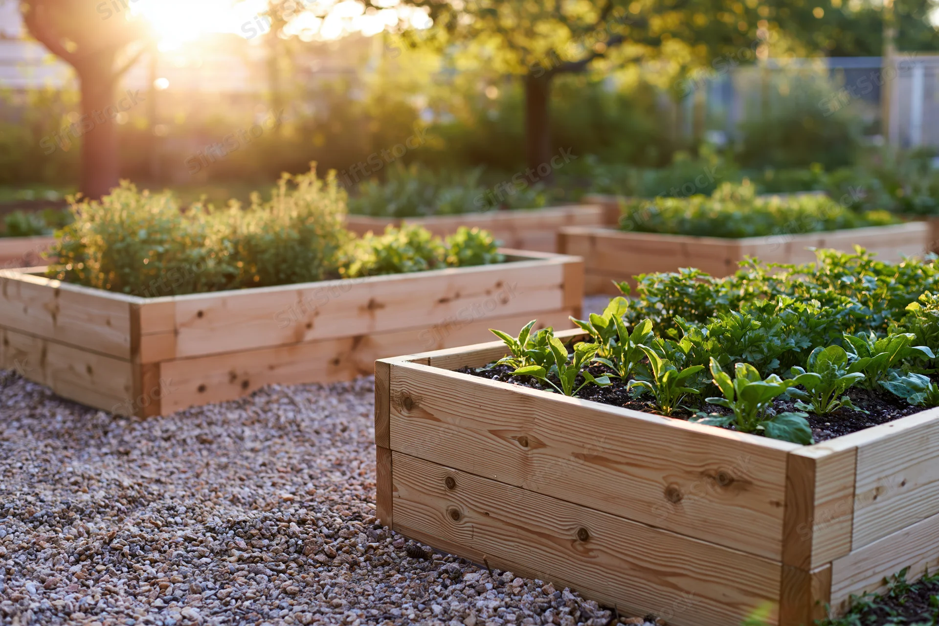 Wooden raised garden beds filled with young herbs and green plants in a sunny backyard garden