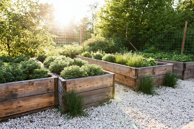 Wooden raised garden beds filled with young herbs and green plants in a sunny outdoor garden with gravel pathway and trees in background