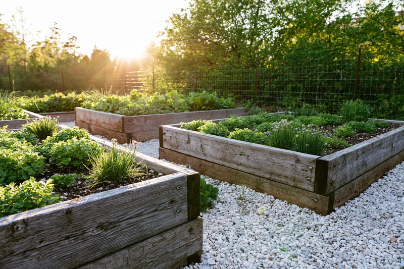 Wooden raised garden beds filled with young herbs and vegetables in a sunny backyard garden