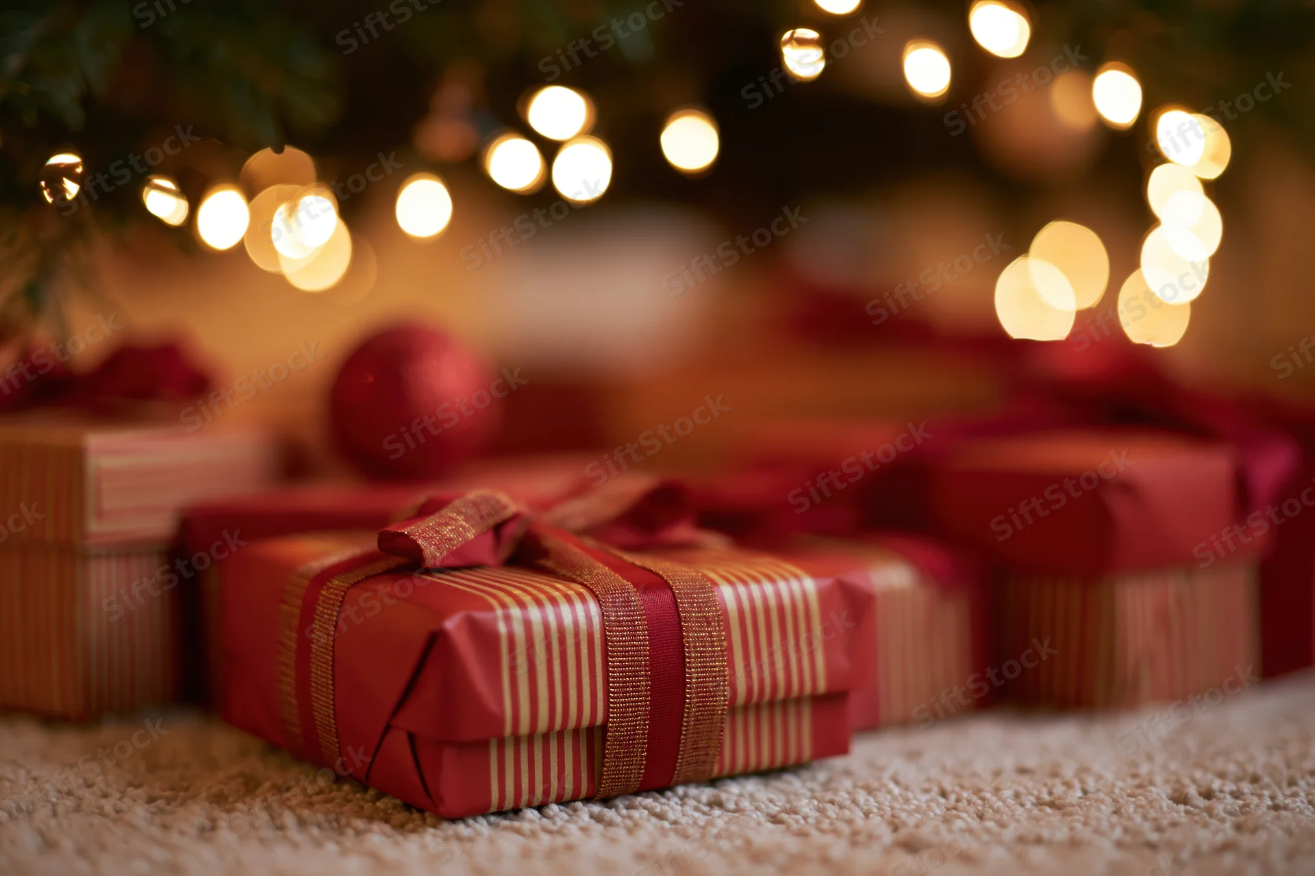 Wrapped christmas gifts with red and gold striped paper and ribbon on cream carpet under tree lights