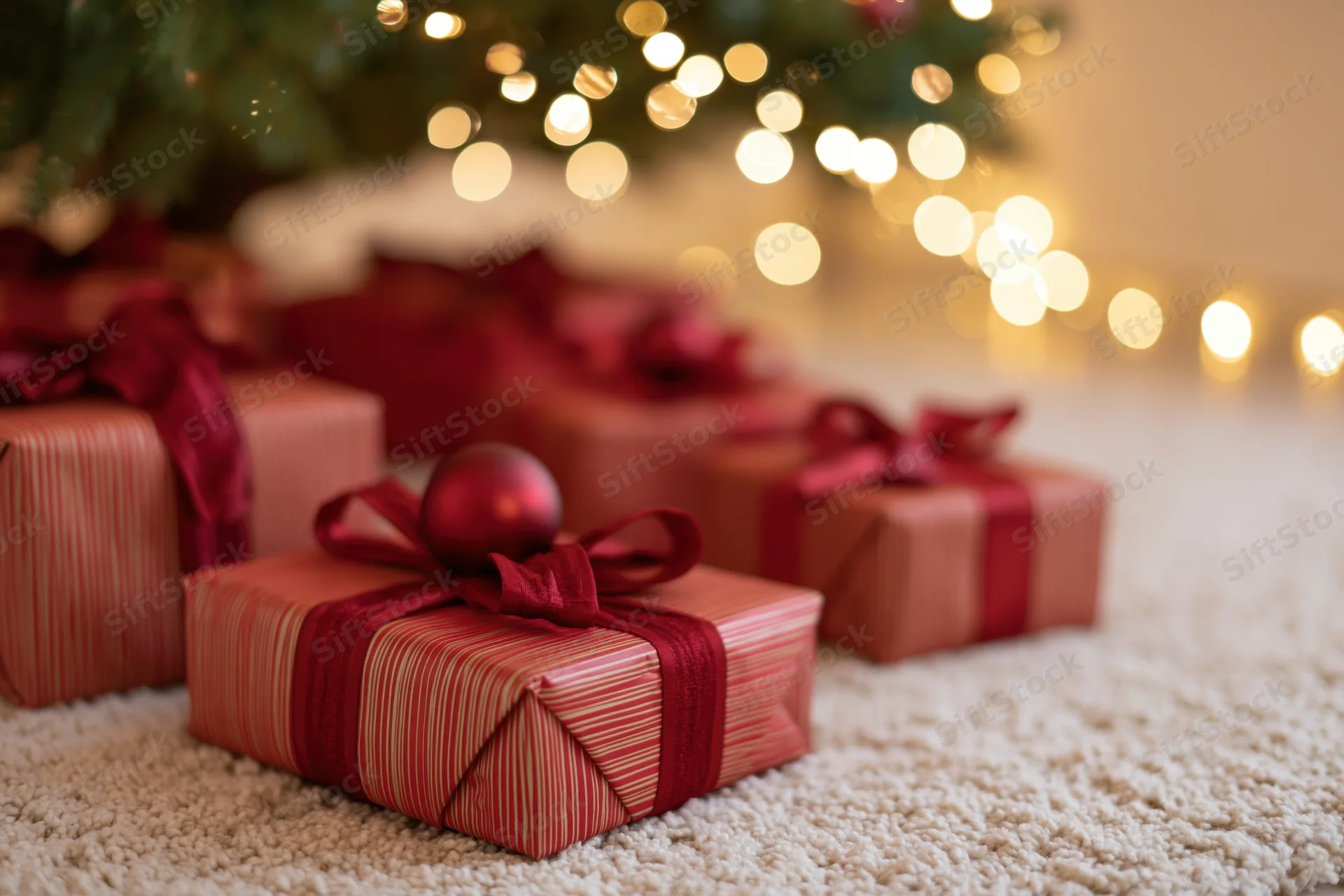 Wrapped christmas gifts with red ribbons and ornaments arranged under a lit tree on cream carpet