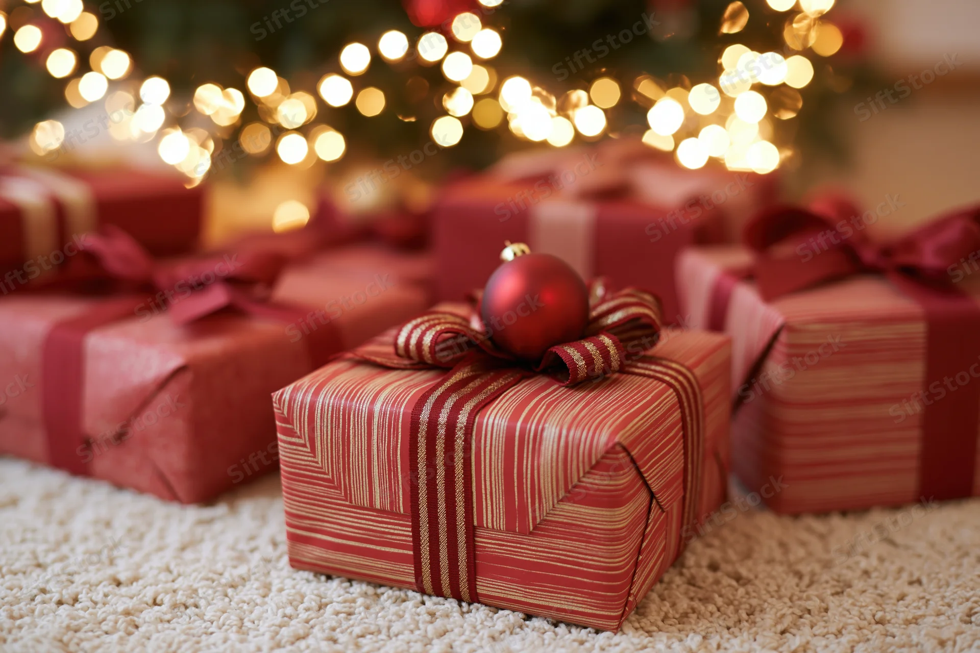 Wrapped christmas gifts with red and gold striped paper and ribbon on cream carpet under glowing tree lights