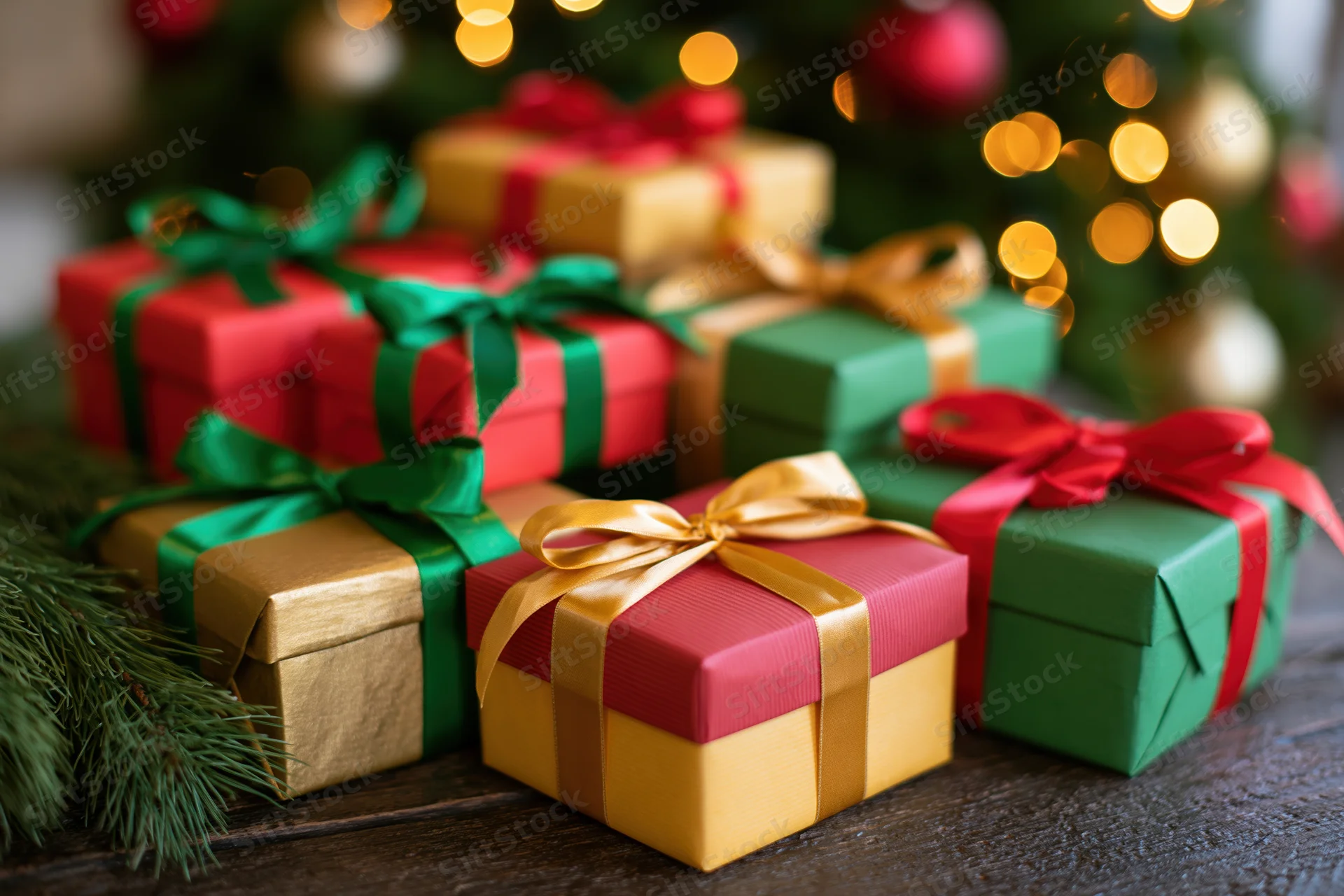 Wrapped christmas gifts in red green and gold arranged on wooden table near decorated tree with lights