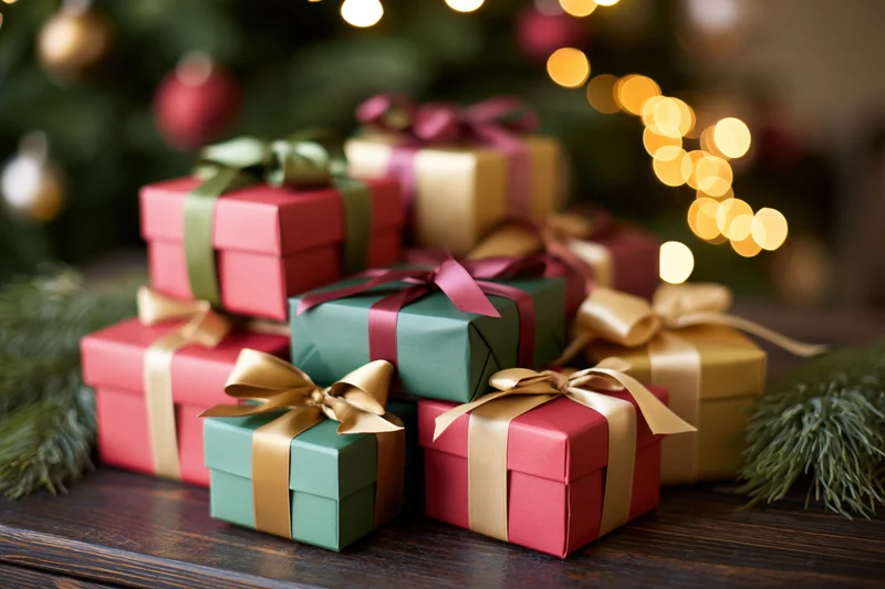Stack of wrapped christmas gift boxes in red green and gold on wooden table with blurred tree and lights in background
